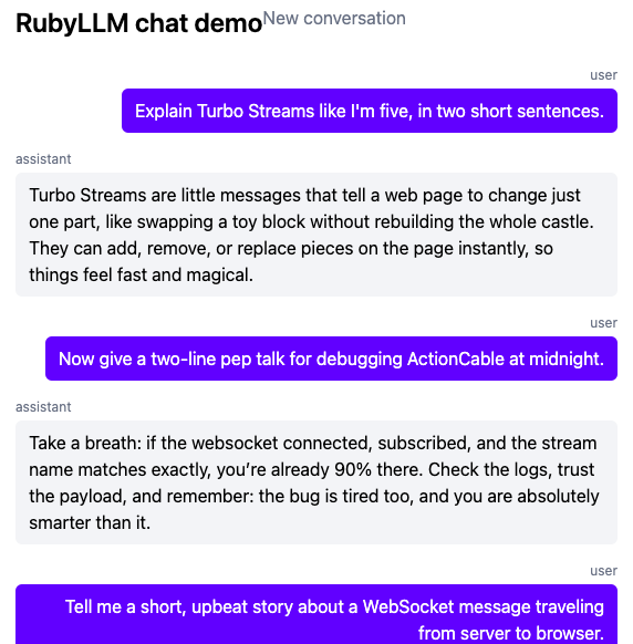 The same chat demo after a third exchange: a short story about a WebSocket message traveling from server to browser, with all three question/answer pairs stacked in order.