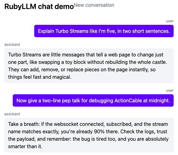 Two Q&A exchanges in the chat demo: asking for a five-year-old's explanation of Turbo Streams, and a two-line pep talk for debugging ActionCable at midnight — the reply mentions checking that "the stream name matches exactly," which is exactly the bug this episode walks through.
